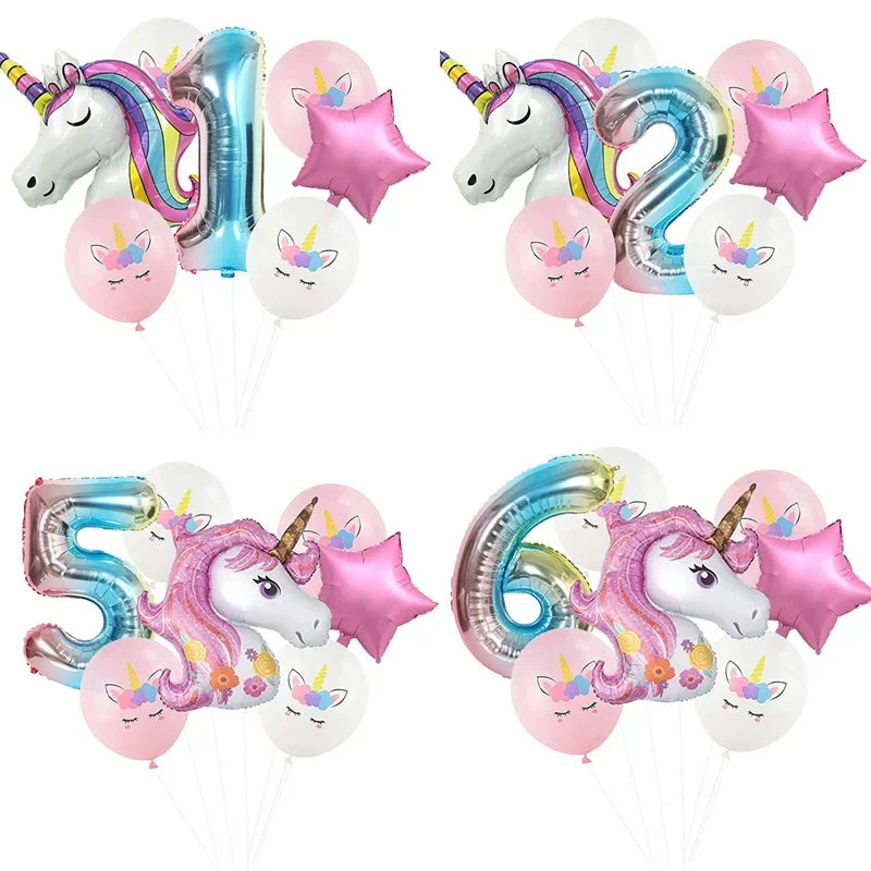 7Pcs Rainbow Unicorn Balloons Unicorn Birthday Decoration Number Foil Balloon Kids Girl Birthday Party Decor Baby Shower Globos