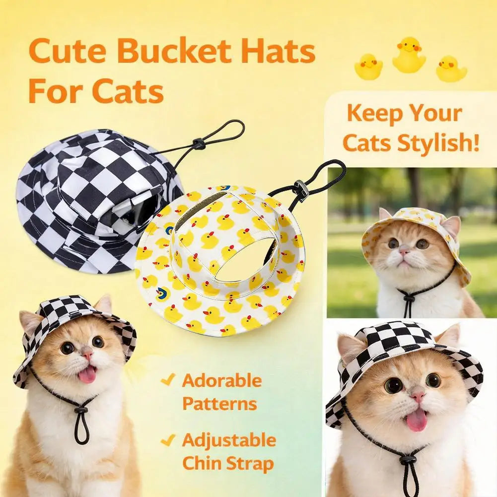 Summer UV Protection Pet Sun Hat Checkered Dog Fisherman Cap with Ear Holes Adjustable Bucket Hats for Small Medium Dogs