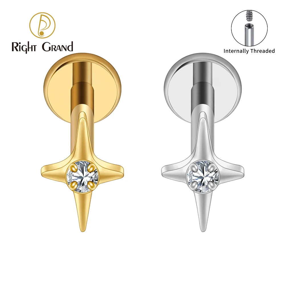 Right Grand ASTM F136 Titanium Four Point Star Flat Back Stud 16G Tiny CZ Cartilage Earring Helix Tragus Nose Piercing Jewelry