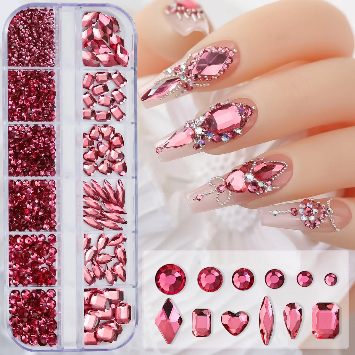 12 Grids Hot Selling Rhinestones Nail Art Charms 3D Set Multi-shapes Colorful Flatback Diamonds Nail Decoration DIY Nail Parts