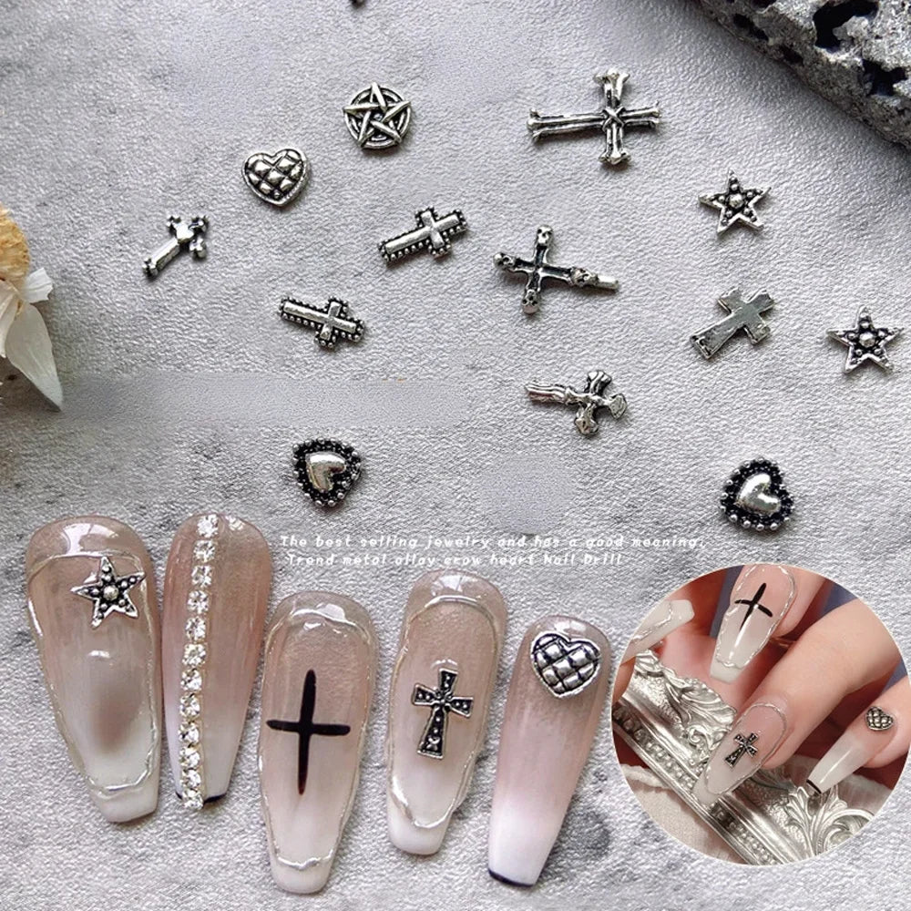 50pcs Mini Alloy Cross Nail Art Charm 3D Small Chrome Ancient Silver Heart Nail Decoration Jewelry Punk Design Nail Accessories