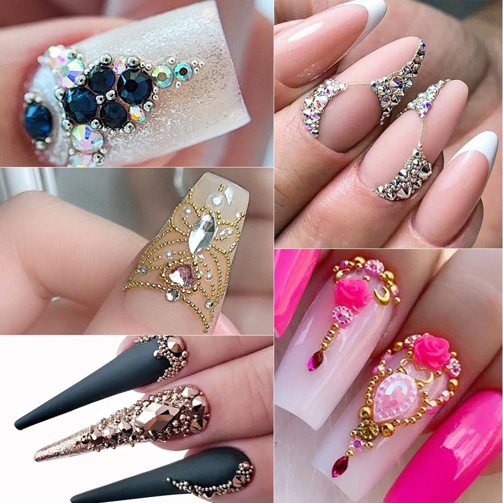 12Grids Gold/Silver Steel Beads Nail Art Charms Christmas Mixed-Size Caviar Bead With 1 Magnetic Pen Manicure Decor Rhinestones
