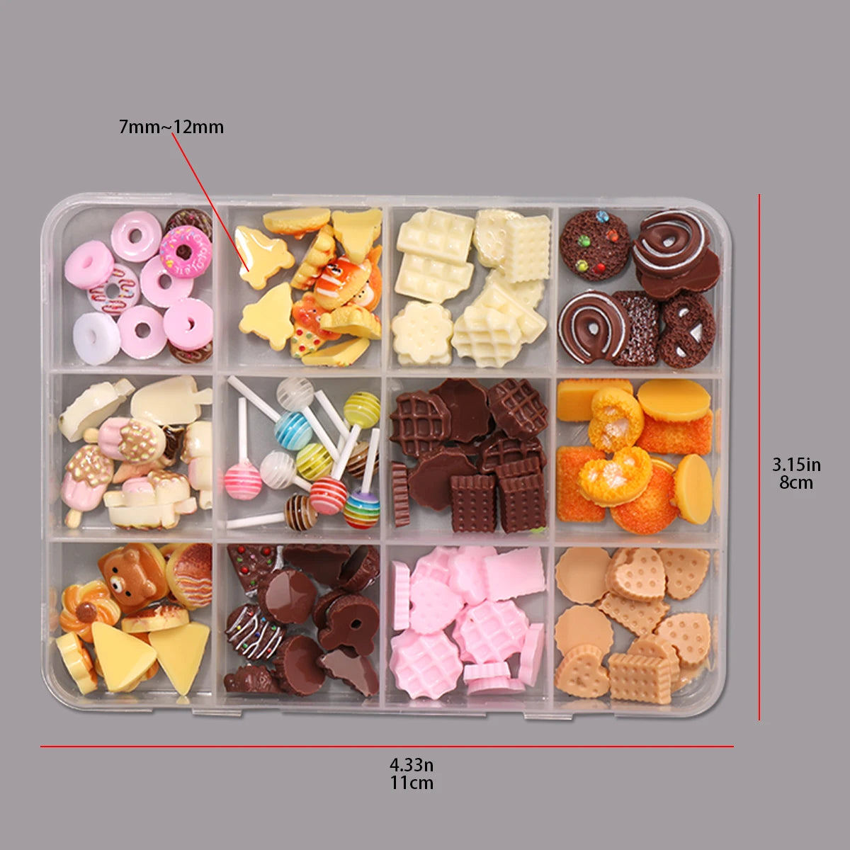 12Grids Box Sweet Dessert Nail Art Charms 3D Resin Donut Chocolate Lollipop Gems Kawaii Style for Music Festival Party DI