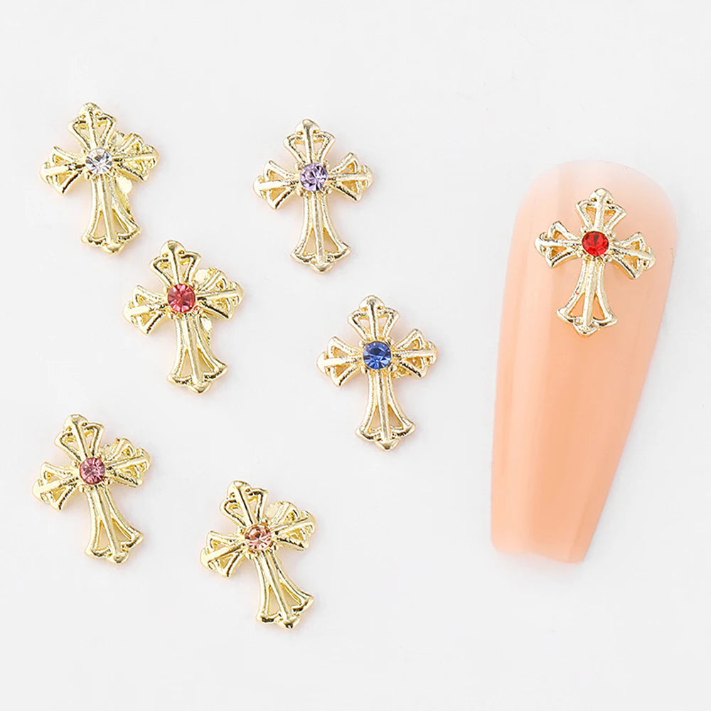 10Pcs Vintage Style Cross Nail Art Charms 3D European Americany Premium Metal Style Heart Nail Decoration DIY Nail Accessories