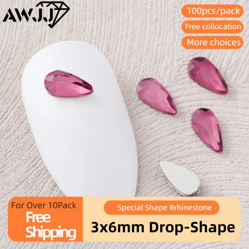 100pcs 3x6mm Drop-Shaped Self-Adhesive Nail Art Rhinestone Gorgeous Nail Diamonds - Ideal Manicure Materials for Stunning Nails