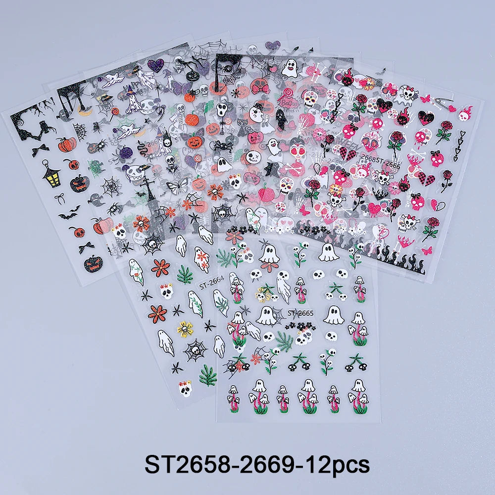 SWEET TREND-12pcs 3D Halloween Nail Stickers Cute Pumpkin Ghost Spider Skull Bow Flower Design Nail Slider Decals Manicure Decor