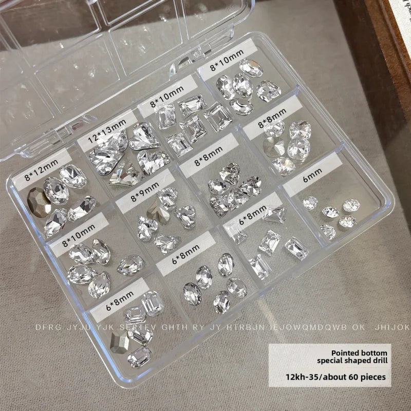 12 Grids Shiny Mixed Zircon Nail Rhinestones Round Transparent Nail Gems Irregular Nail Diamonds Manicure Decor Supplies