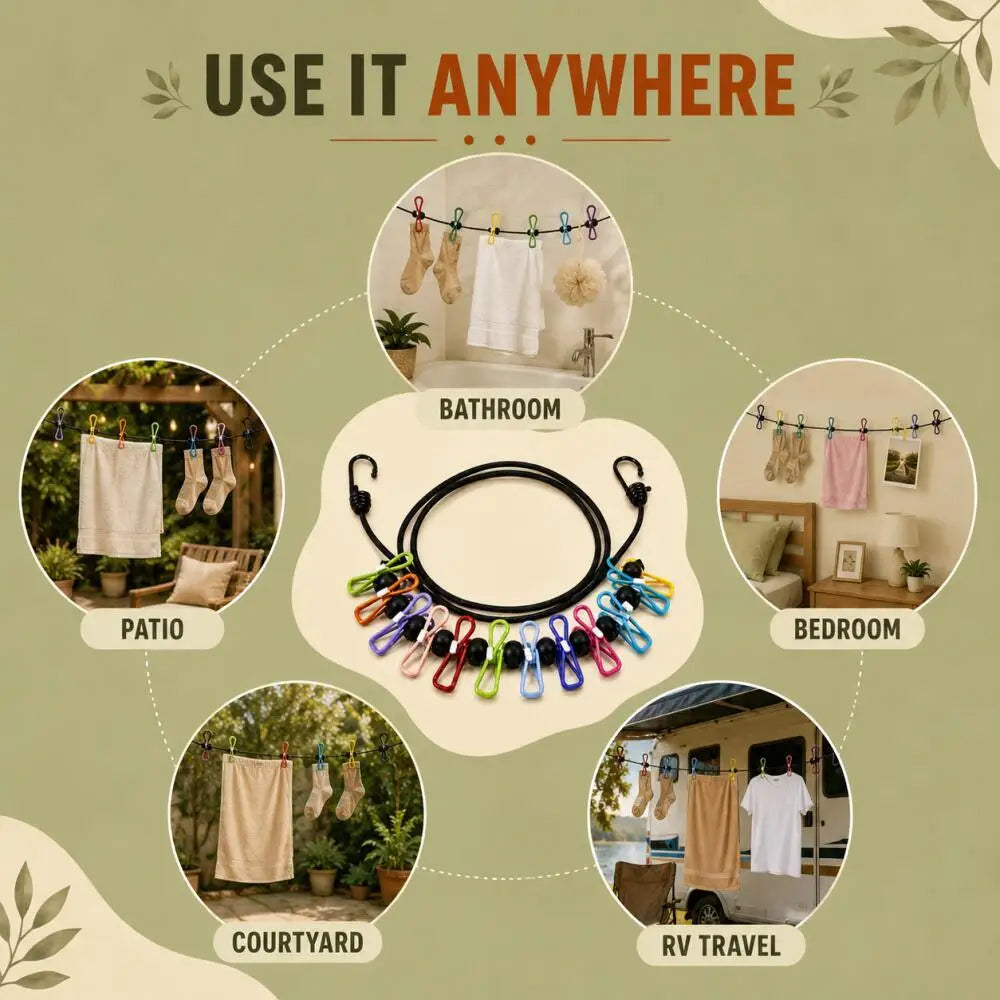 1.8 m portable elastic clothesline with 12 color clips, anti-slip, travel outdoor camping, windproof clothes drying rope