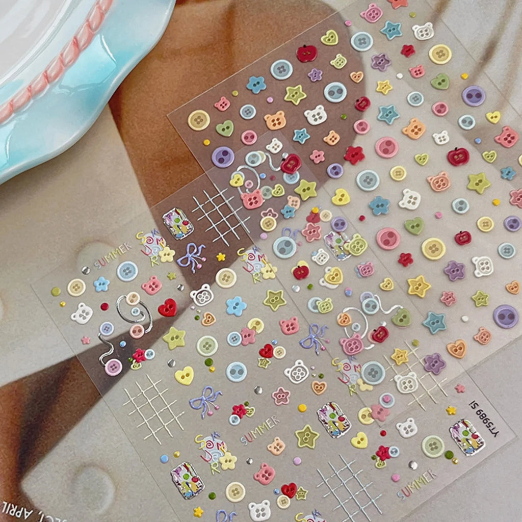 SUMMER Cute 5D Nail Art Sticker Color Button Bear Head Heart Star Bow Plaid Line Childlike Style Self Adhesive Decals Sweet DIY