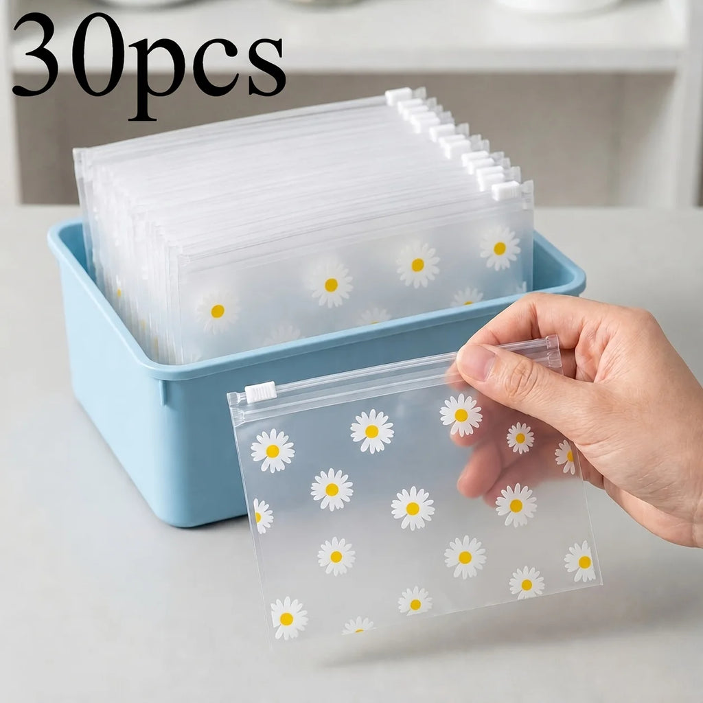 30Pcs Daisy Print Frosted Zipper Bags Transparent Plastic Storage Pouch Reusable Seal Bag For Jewelry Cosmetic Stationery Travel