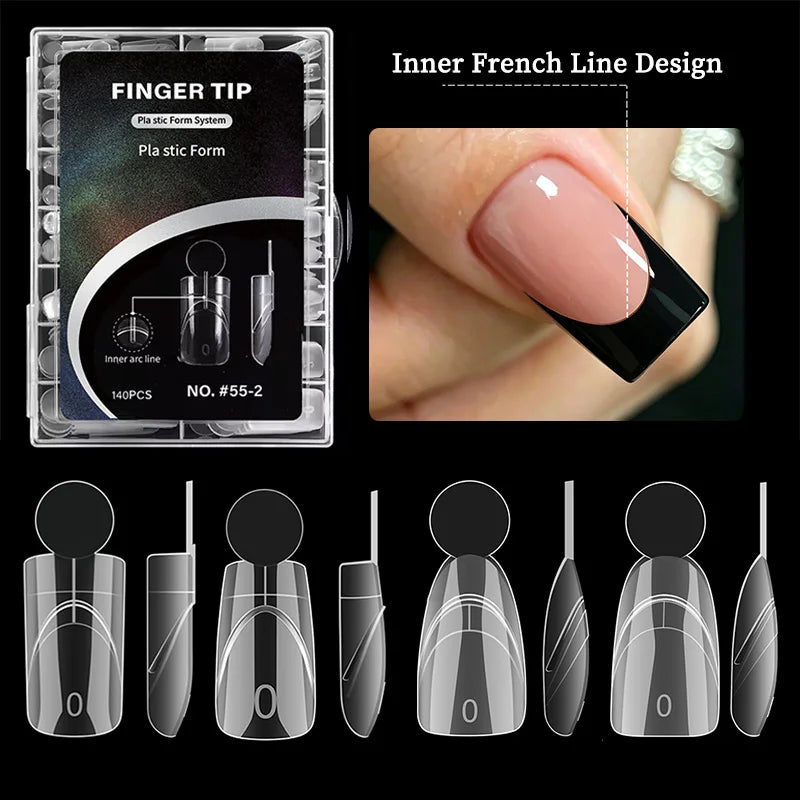 140PCS Full Cover Press On Nail Tips with Inner Arc Line Almond Square Coffin Oval Shape French Fake Nails for Nail Extension