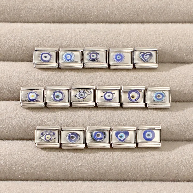 Wholesale New 2025 Devil Eye Blue Eye Heart Square Beads fit Italian Charm Links 9mm Stainless Steel Bracelet Jewelry DIY Making