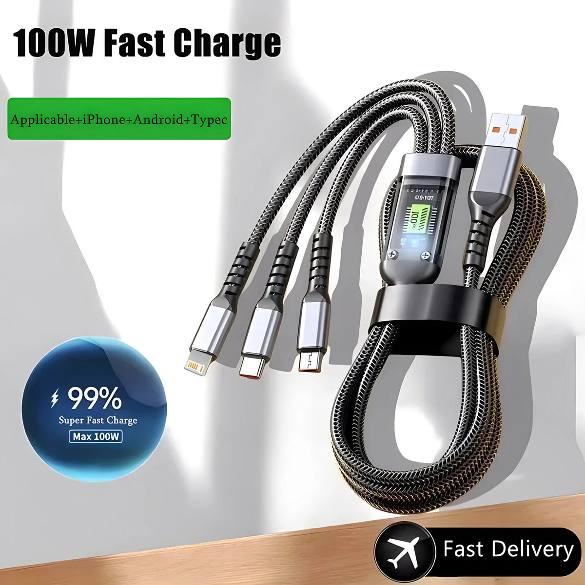 100W 3 In 1 Super Fast Charge Cable Transparent Luminous Super Fast Charge Type C USB Cable Multi Extension For Android