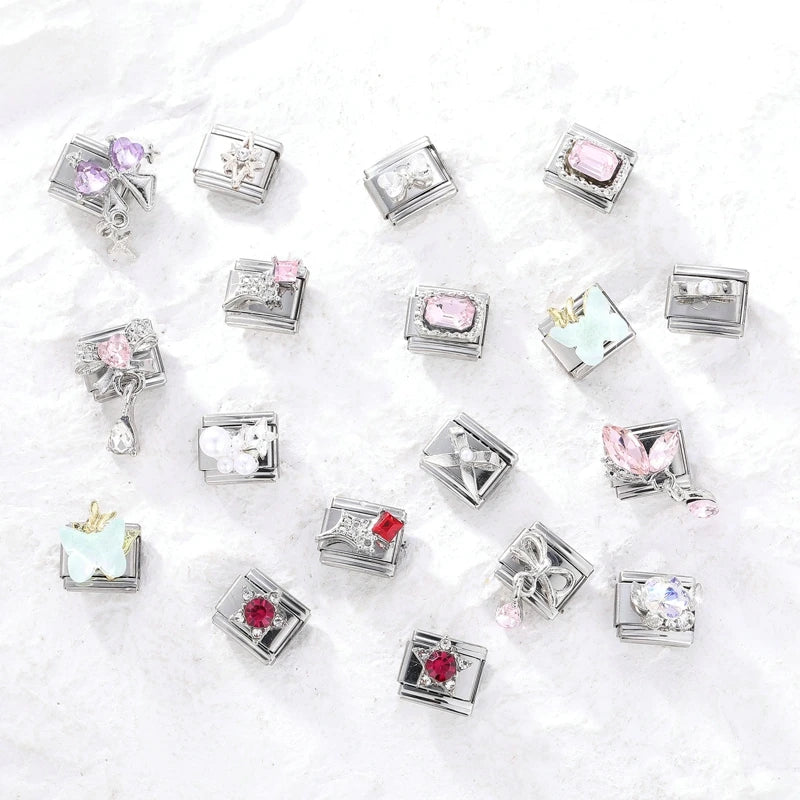 Y2K Romantic Heart Eyes Star Bow Knot Butterfly Zircon Charm Italian Links Fit 9mm Bracelet Stainless Steel Making DIY Jewelry