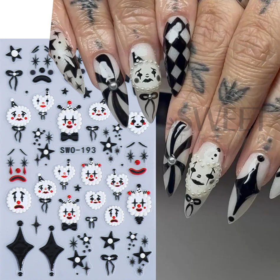 2pcs Halloween Nail Stickers Wacky Expression Clown Face Bowknot Star Pattern Nail Decals DIY Manicure Decoration Nail Supplies