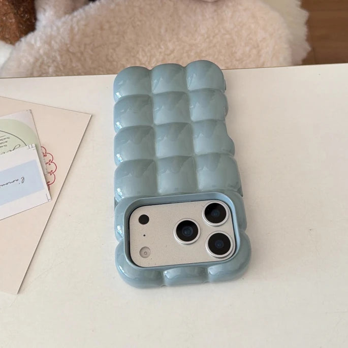 Cartoon Lattice 3D Block Plating Case for iPhone 17 16 15 Pro Max 14 12 13 11 Glossy Candy Solid Color Shockproof Soft TPU Cover