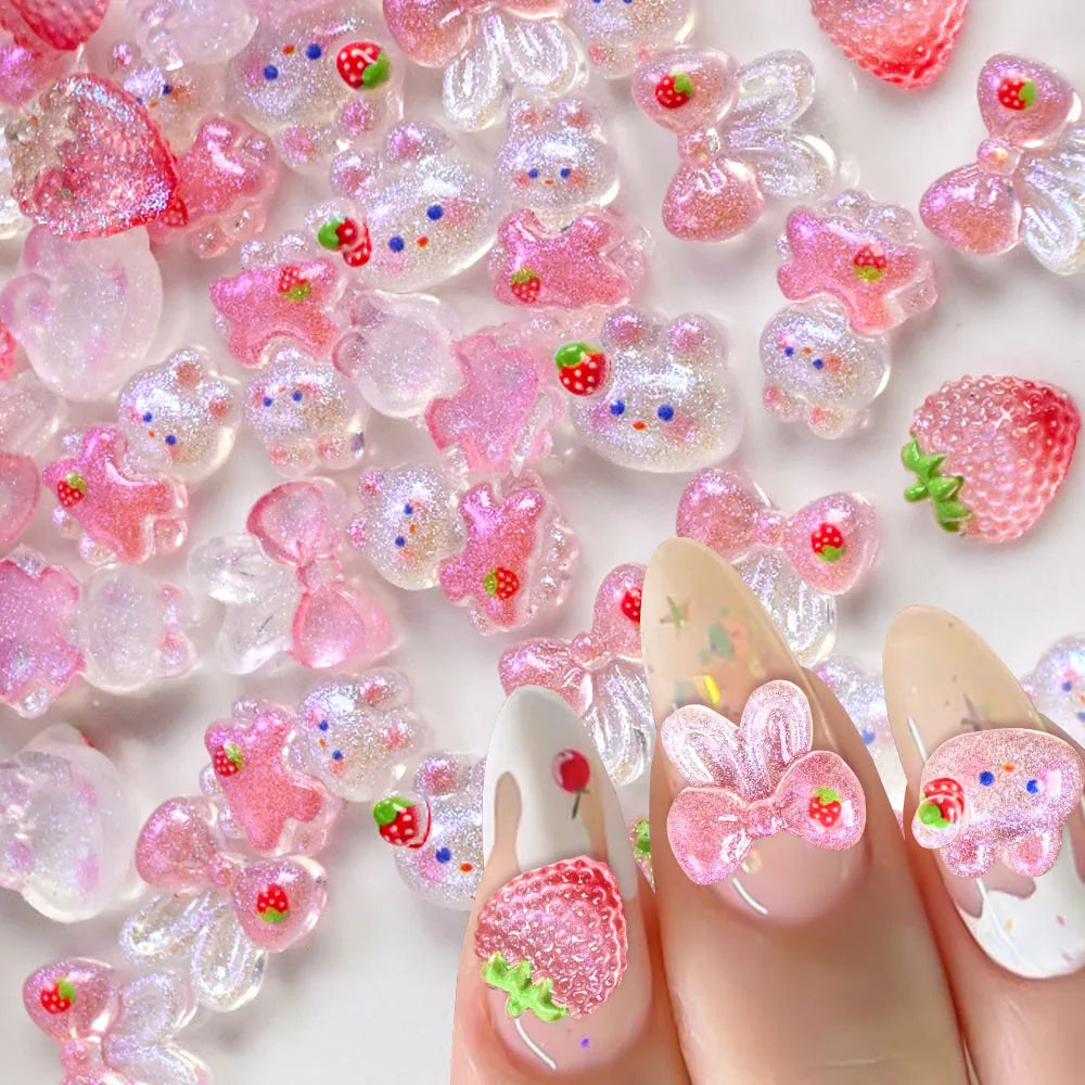 50pcs 3D Mixed Rabbit Strawberry Nail Parts Shinny Blush Bunny Bowknot Kawaii Nail Art Charms Lovely Girls Manicure Accessories