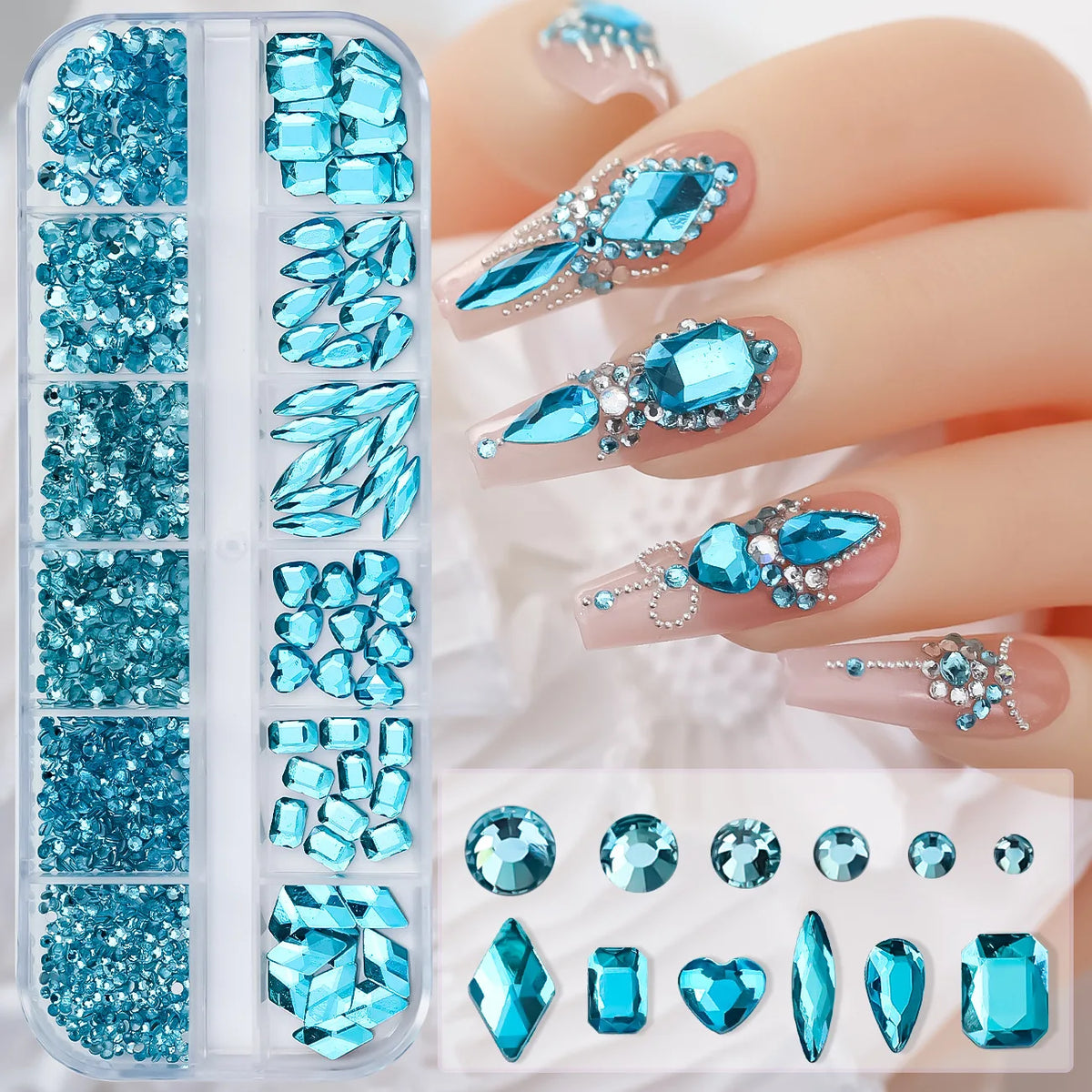 12 Grids Hot Selling Rhinestones Nail Art Charms 3D Set Multi-shapes Colorful Flatback Diamonds Nail Decoration DIY Nail Parts