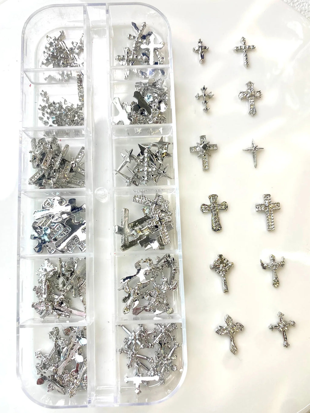 TSZS 12 Grids Y2K Silver Cross Nail Art Charms Mix Design Punk Starlight Cross with Wing Nail Decoration