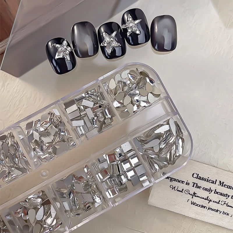 KANIU 1 Box Shiny Clear Crystal Gems Nail Rhinestones Glass AB Flat-bottomed Mixed Fancy-shaped Diamonds Manicure Decorative Set