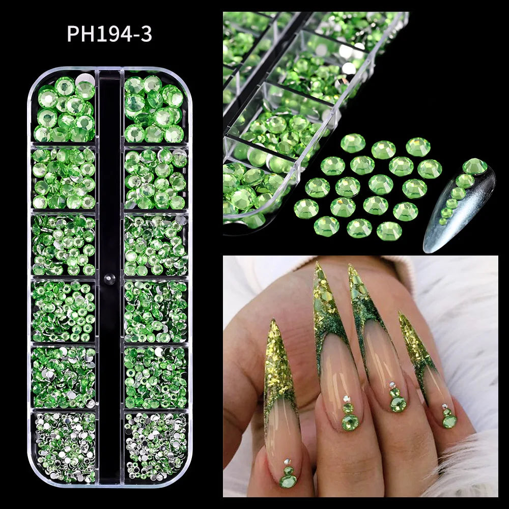 12 Grids Mixed Size Luxury Nail Rhinestones Set 3D Resin AB Crystal Round Glass Bead Gems Nail Art Charms 2mm-6mm Nail Diamond