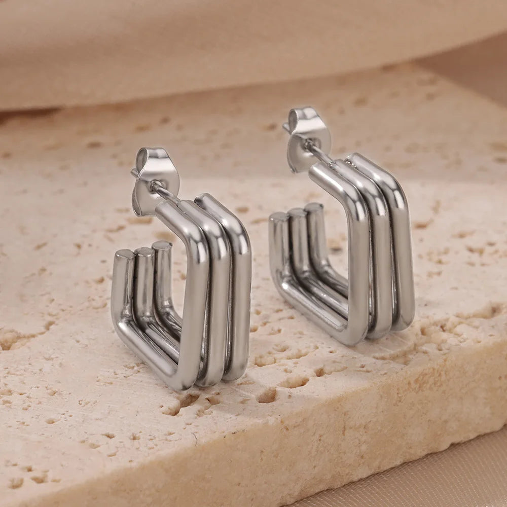 Square Stainless Steel Earrings for Women Piercing Gold Color Stud Earrings 2024 Trend Female Aesthetic Ear Jewelry aretes mujer