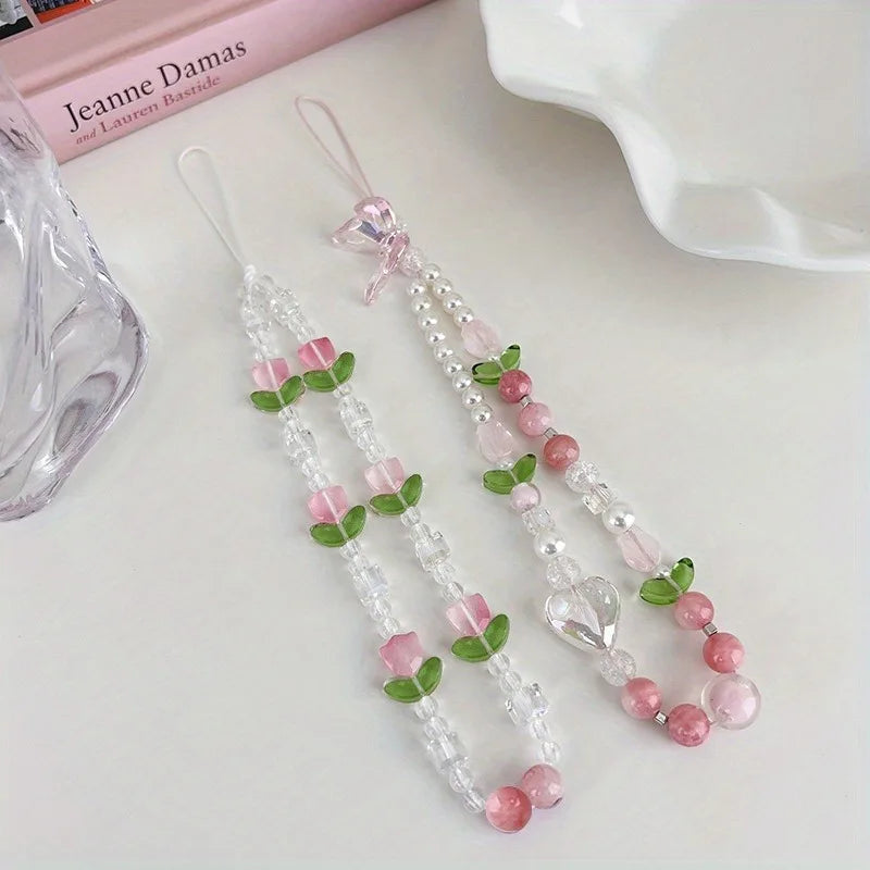 1pcs Peach Beaded Mobile Phone Charm Strap Hyu, Women Sweet Girls Jewelry, Pearl Cellphone Flower Lanyard for iPhone Keychain