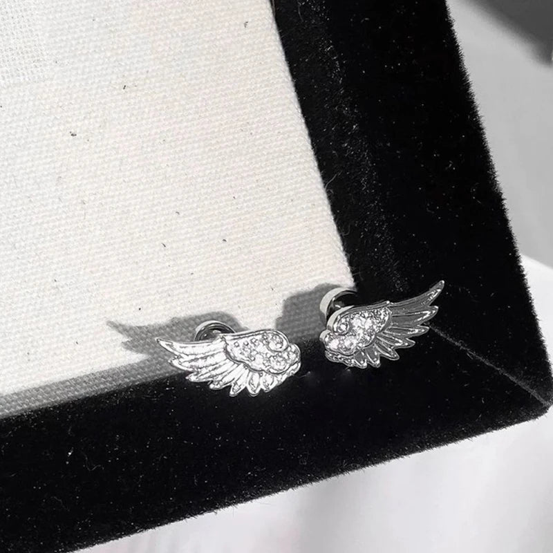 Luxury Zircon Wing Earrings Stud Fashion Women Shiny Crystal Creative Angel Wings Cross Punk Silver Color Ear Studs Jewelry Gift