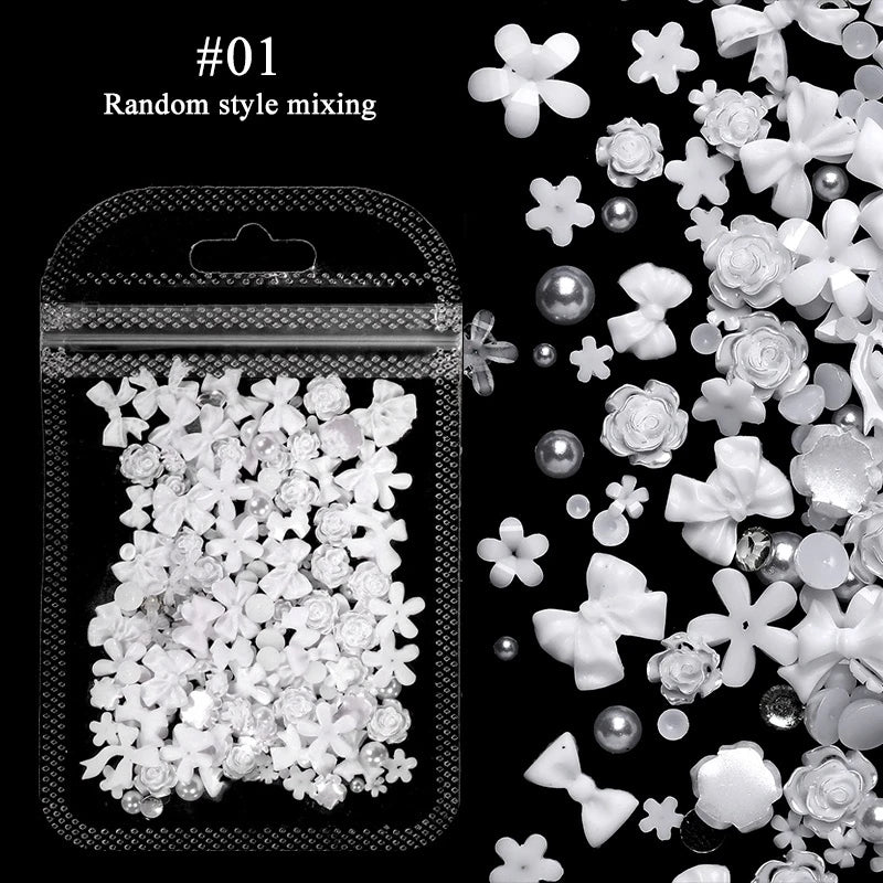 50Pcs Pearl Pink Bowknot Heart Shaped Mixed Nail Decorations Kawaii Nail Art Charms Star Butterfly DIY Nail Accessories