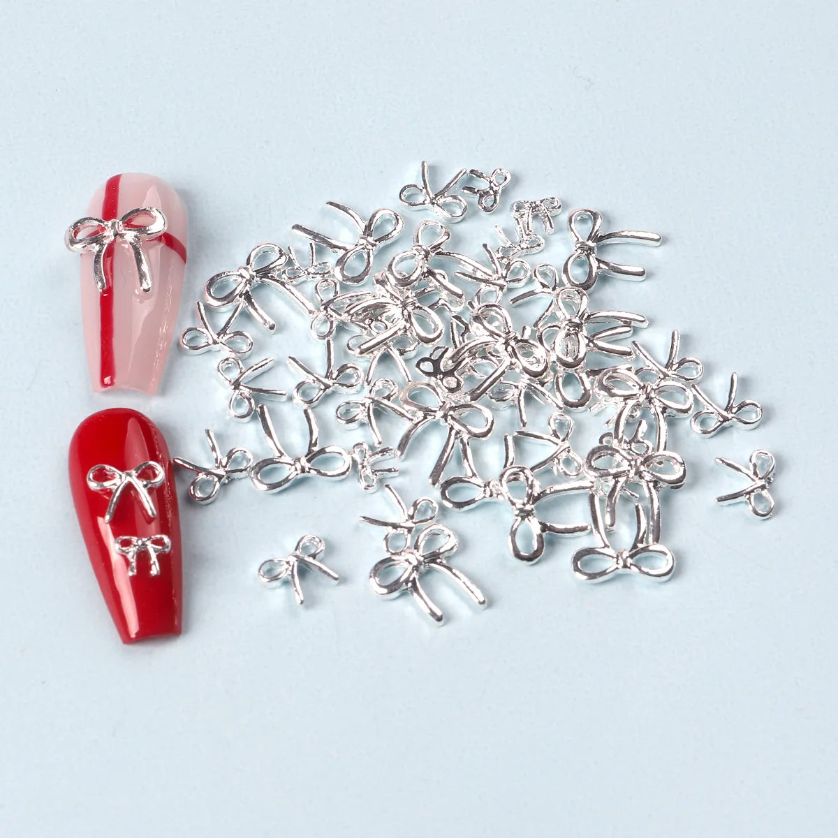 50pcs Mix Size Silver Bow Korea Style Nail Art Charms 3D Nail Decoration Bowknot Nail Accessories DIY Design