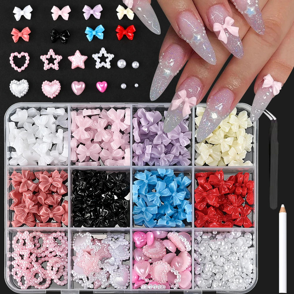 500-600pcs Mix Bow Shape Nail Art Charms 50g/bag Aurora Ribbon Resin Bowknot 3D Rhinestone DIY Korean Manicure Accessories
