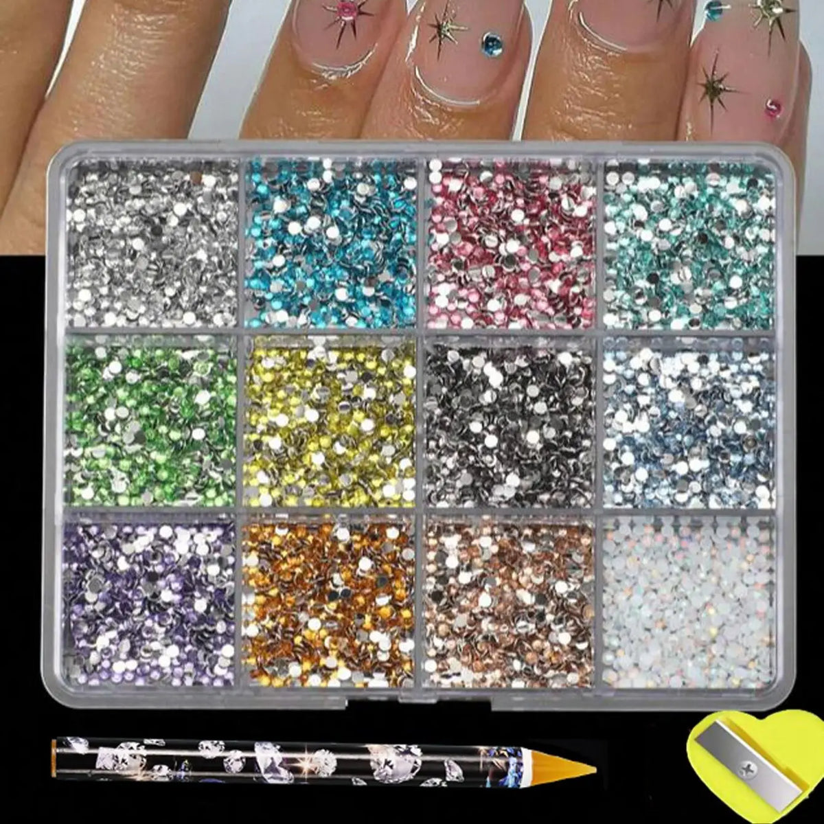 12Grids 6000pcs 3D Resin Nail Art Rhinestones with Tools 2mm Brilliant Diamond Nail Charms for DIY Clothes Phone Case