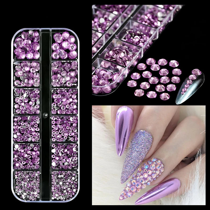 12 Grids Mixed Size Luxury Nail Rhinestones Set 3D Resin AB Crystal Round Glass Bead Gems Nail Art Charms 2mm-6mm Nail Diamond