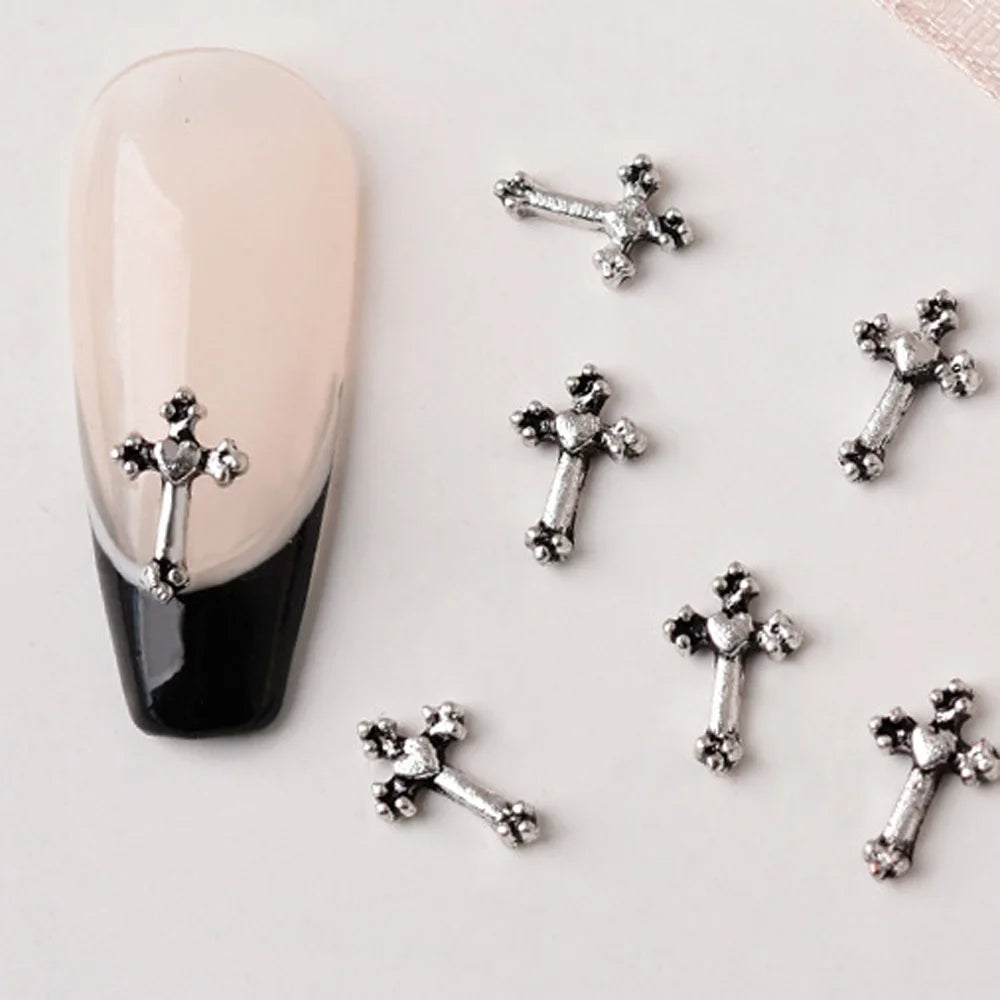 50pcs Mini Alloy Cross Nail Art Charm 3D Small Chrome Ancient Silver Heart Nail Decoration Jewelry Punk Design Nail Accessories