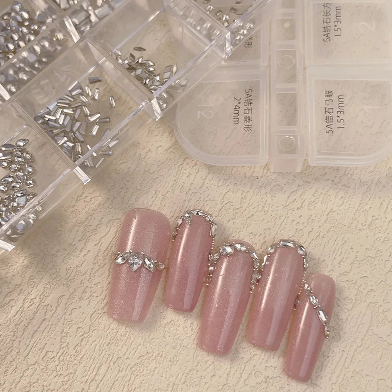 KANIU 1 Box Shiny Clear Crystal Gems Nail Rhinestones Glass AB Flat-bottomed Mixed Fancy-shaped Diamonds Manicure Decorative Set