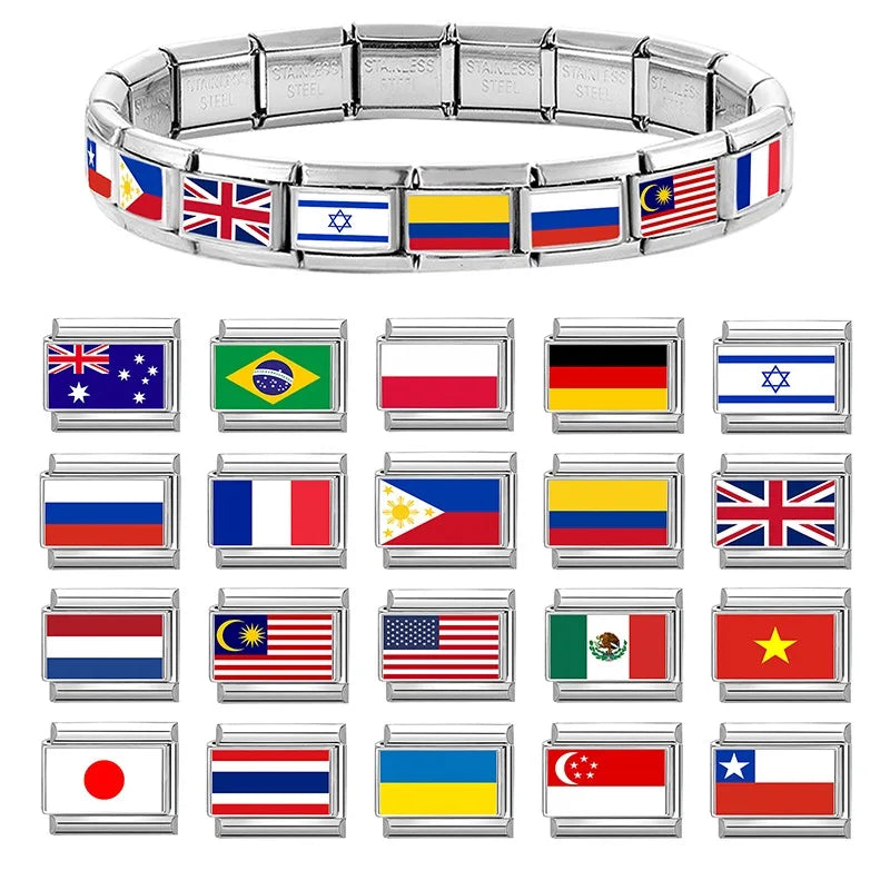 2025 Fashion Photo Italian Charm Bracelet 9mm Diy Color National Flag Series of Each Country Mexico,America,Britain,Italy,Israel
