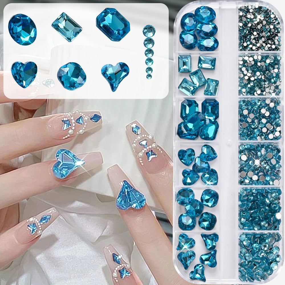 12Grids 3D Lake Blue Mixed Shape Nail Rhinestones Square/Round/Heart Glass Diamond Nail Art Charms Luxury Manicure Jewelry Gems