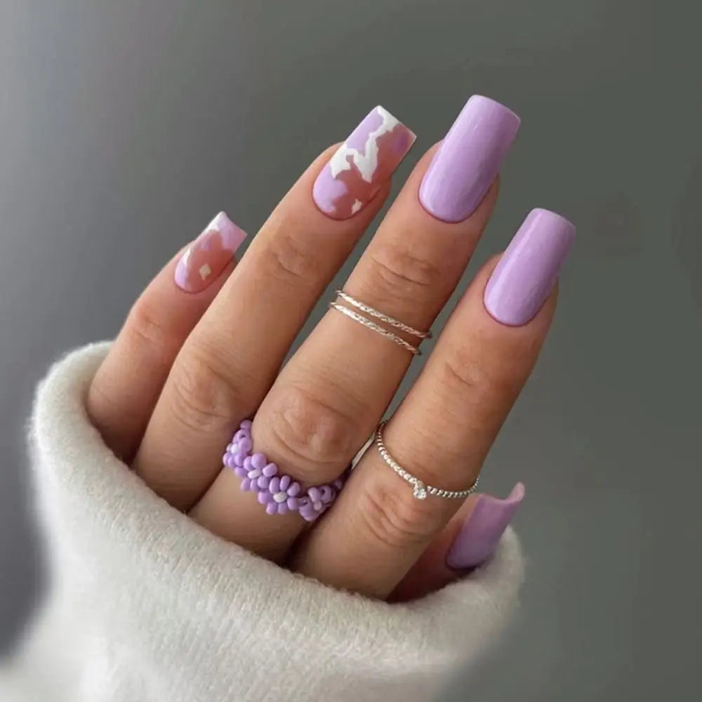 24pcs Fashion Square Long False Nails French Rainbow Flowers Aurora Wavy Butterfly Fake Nails Full Cover Press on Nails Tips