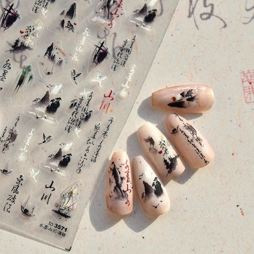 1 pc5D ancient ink painting mountain nail sticker black Chinese calligraphy poem crane self-adhesive nail art decorative sticker