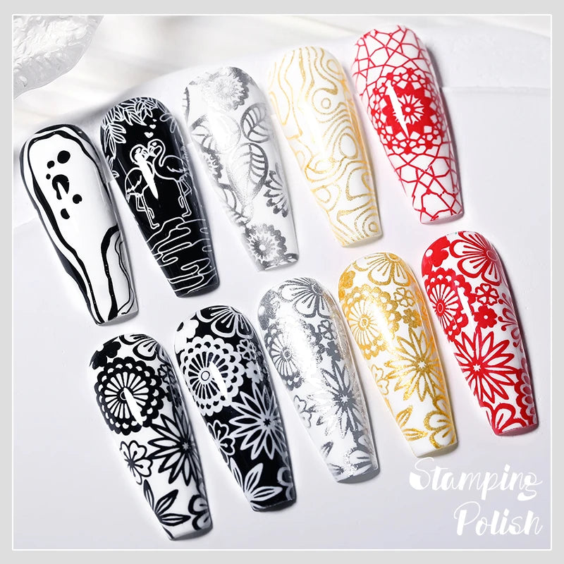 BORN PRETTY 10ml Nail Art Stamping Polish for Manicure Printing Design Black White Nail Art Varnish Need No Smudge Top Coat Oil