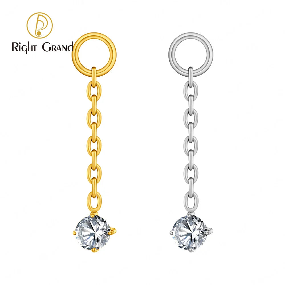 Right Grand ASTM F136 Titanium CZ Dangle Chain Cartilage Earring Charm Round CZ Pendant for Upper Lobe Clicker Piercing Jewelry