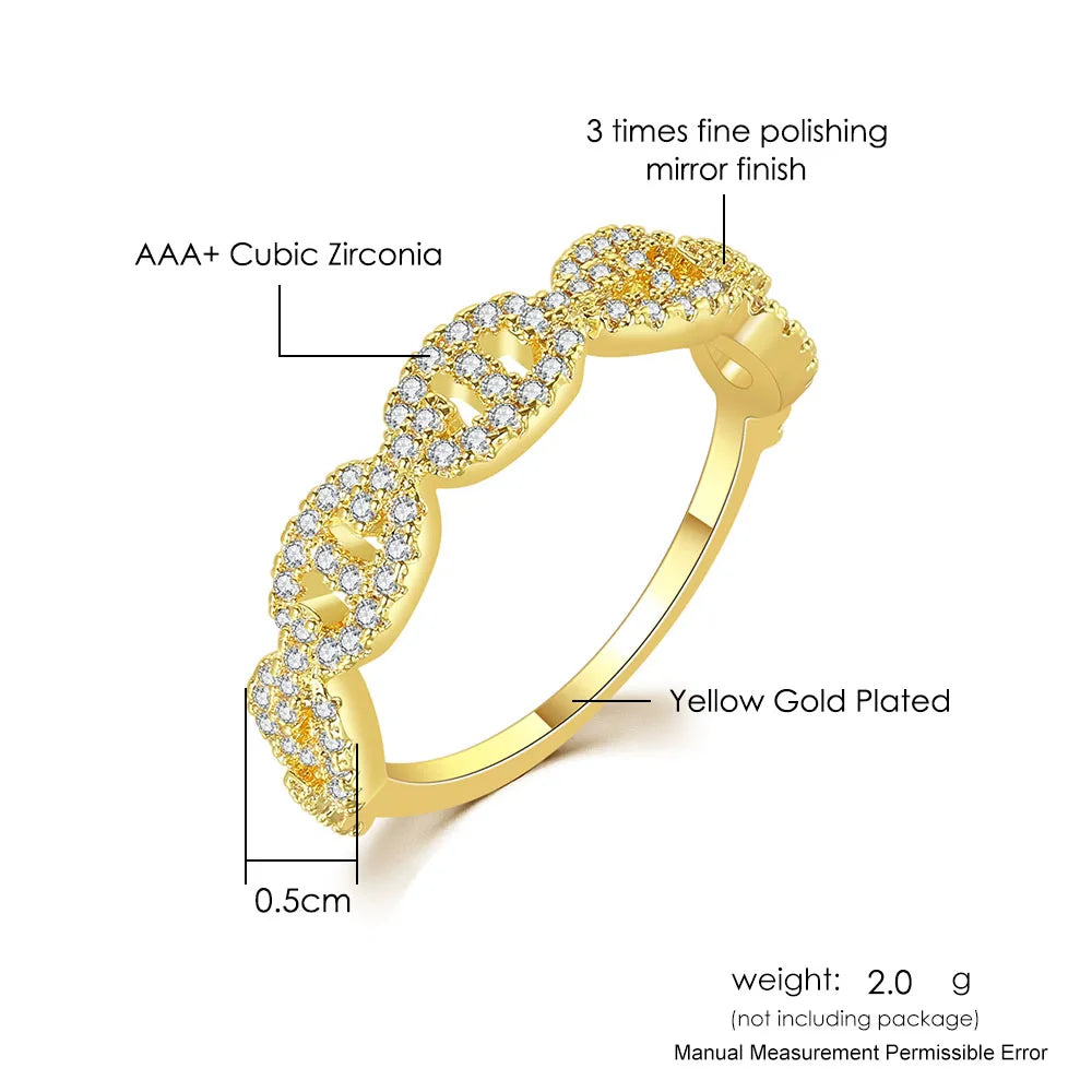 Hip Hop Link Ring for Women Gold Color Micro-inlaid Zircon Stacking Rings Female Jewelry Fashion Punk Accessories Wholesale R720