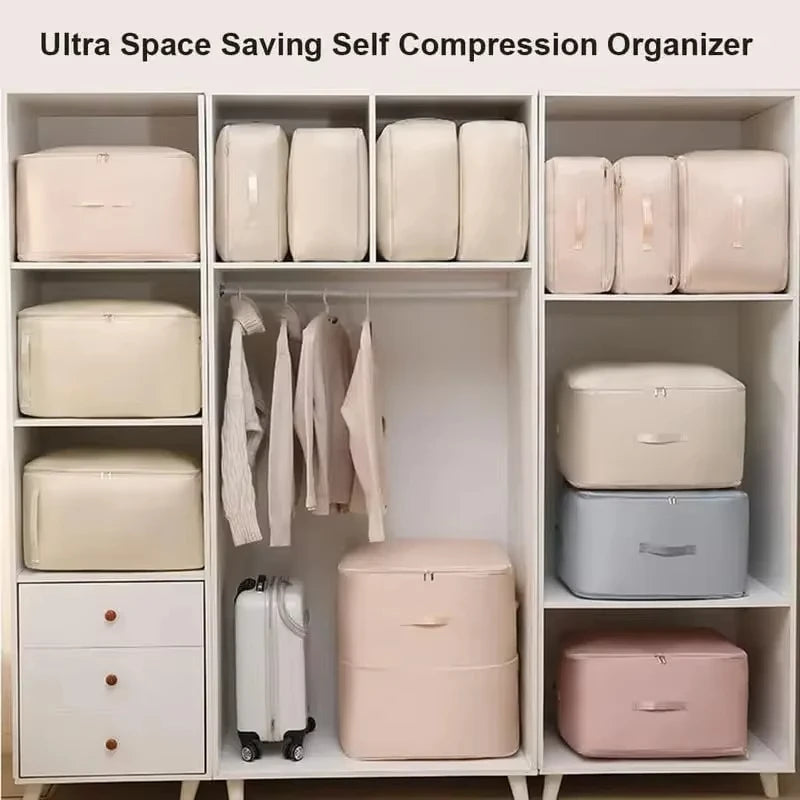 Heavy-Duty Self-Compressing Storage Bag - Portable Organizer for Clothes, Blankets & Quilts, Ideal for Closet Organization