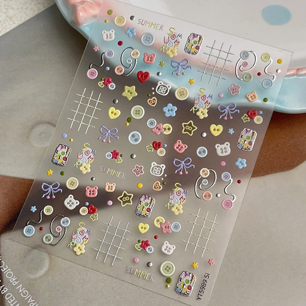 SUMMER Cute 5D Nail Art Sticker Color Button Bear Head Heart Star Bow Plaid Line Childlike Style Self Adhesive Decals Sweet DIY