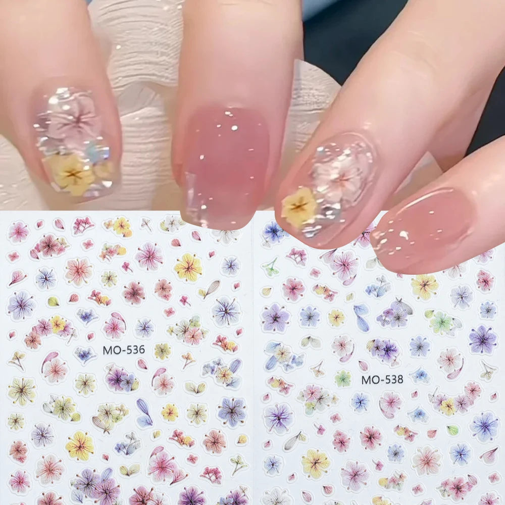 2pcs Dried Flowers Spring Summer 3D Nail Art Stickers Colorful Flowers Leaves Nail Decals DIY Manicure Nail Supplies Decorations