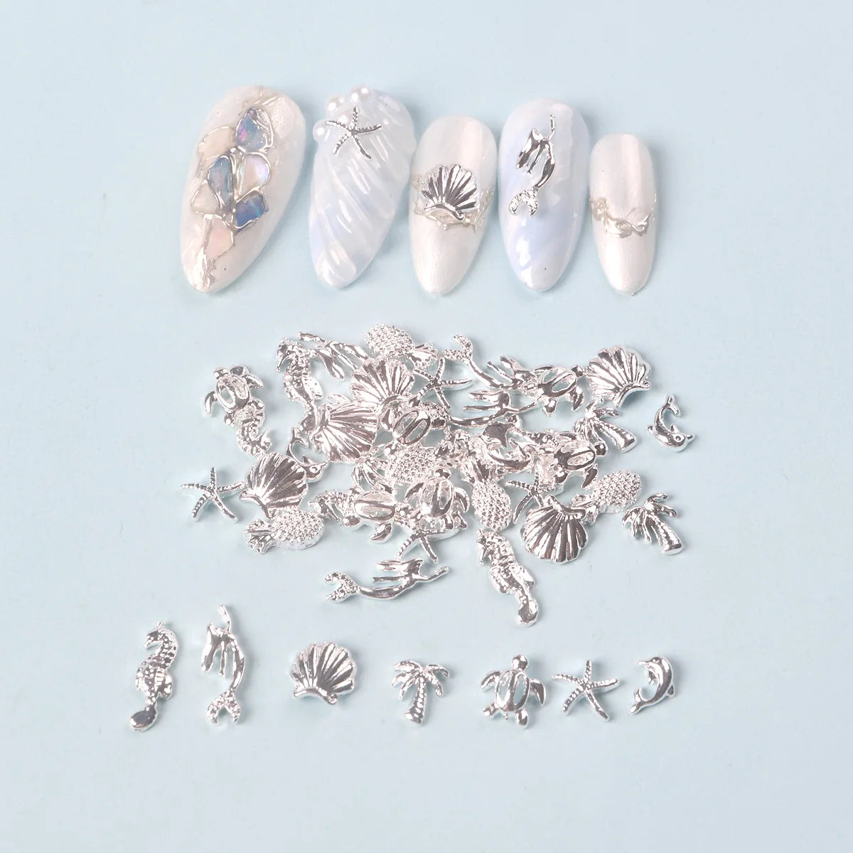 TSZS 50pcs/bag Ocean Starfish Shell Nail Art Charms Silver Beach Starfish Sea Seashell Nail Decoration Metal 3D Charms for Nail