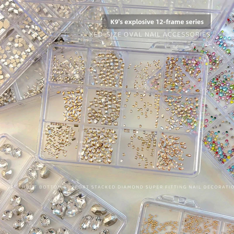 12 Grids Shiny Mixed Zircon Nail Rhinestones Round Transparent Nail Gems Irregular Nail Diamonds Manicure Decor Supplies