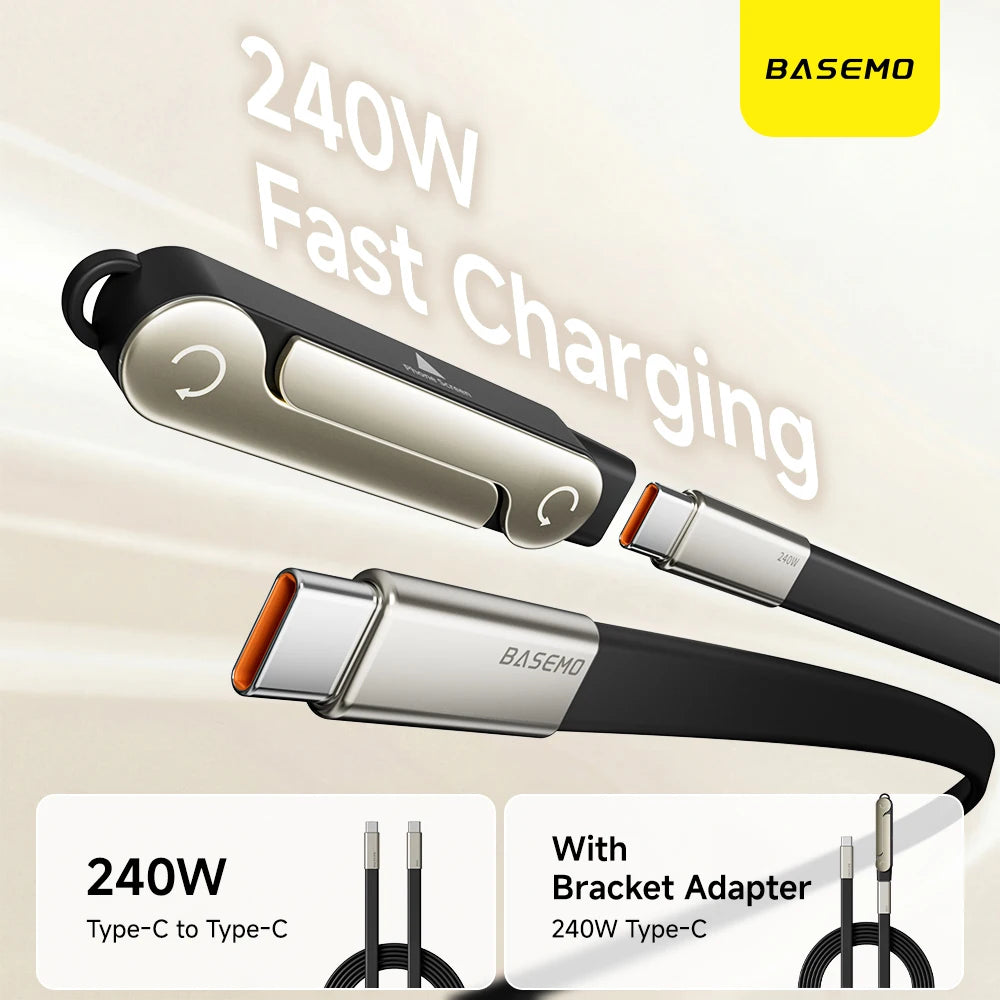 240W 2-in-1 Black/Orange Fast Charging Foldable Bracket Data Cable Type-C to Type-C Data Wire with Phone Tablet Stand
