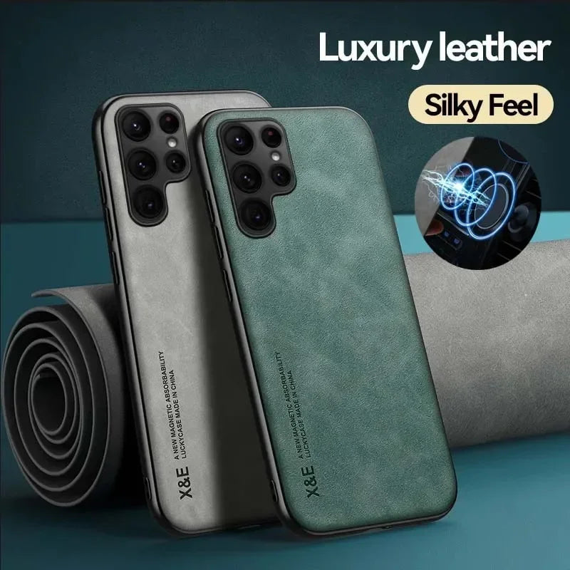 Luxury Leather Case For Samsung S26 S25 S24 S23 Ultra S25 FE A17 A16 A57 A56 A37 A36 5G Cover With Metal Plate Support Car Hold