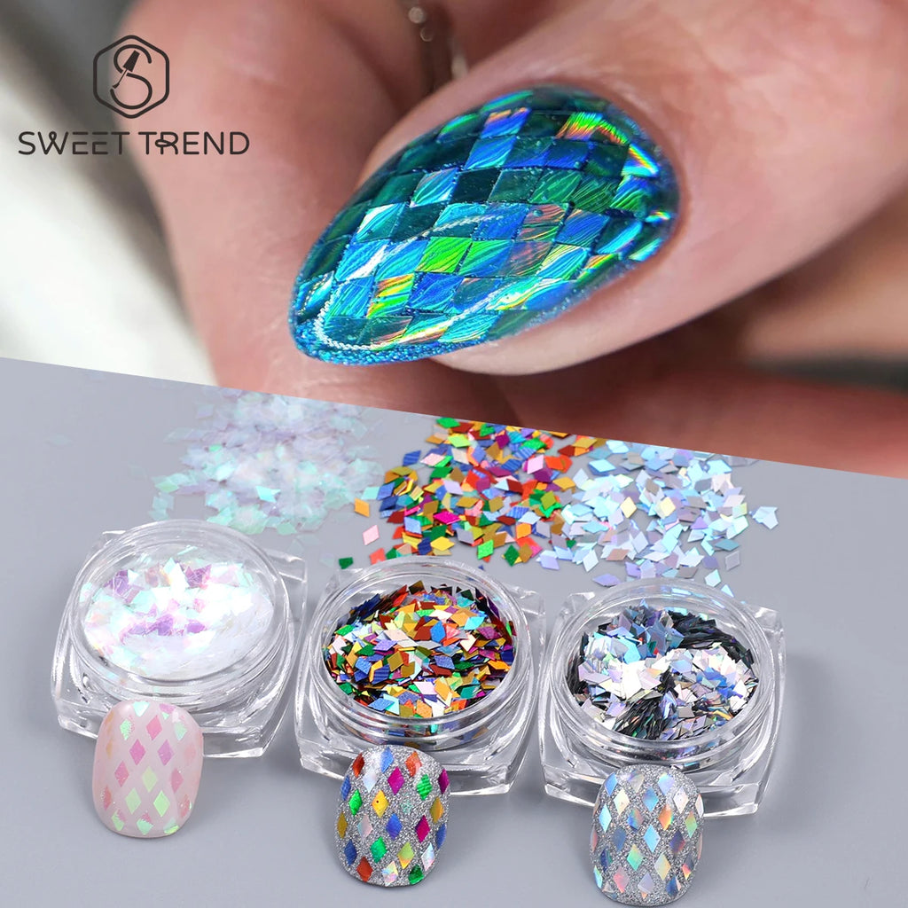 3pcs Rhombic Nail Glitter Flakes Laser Silvery Diamond Shape Sequins For Nails AB Colorful Chunky Sparkly DIY Manicure Accessory
